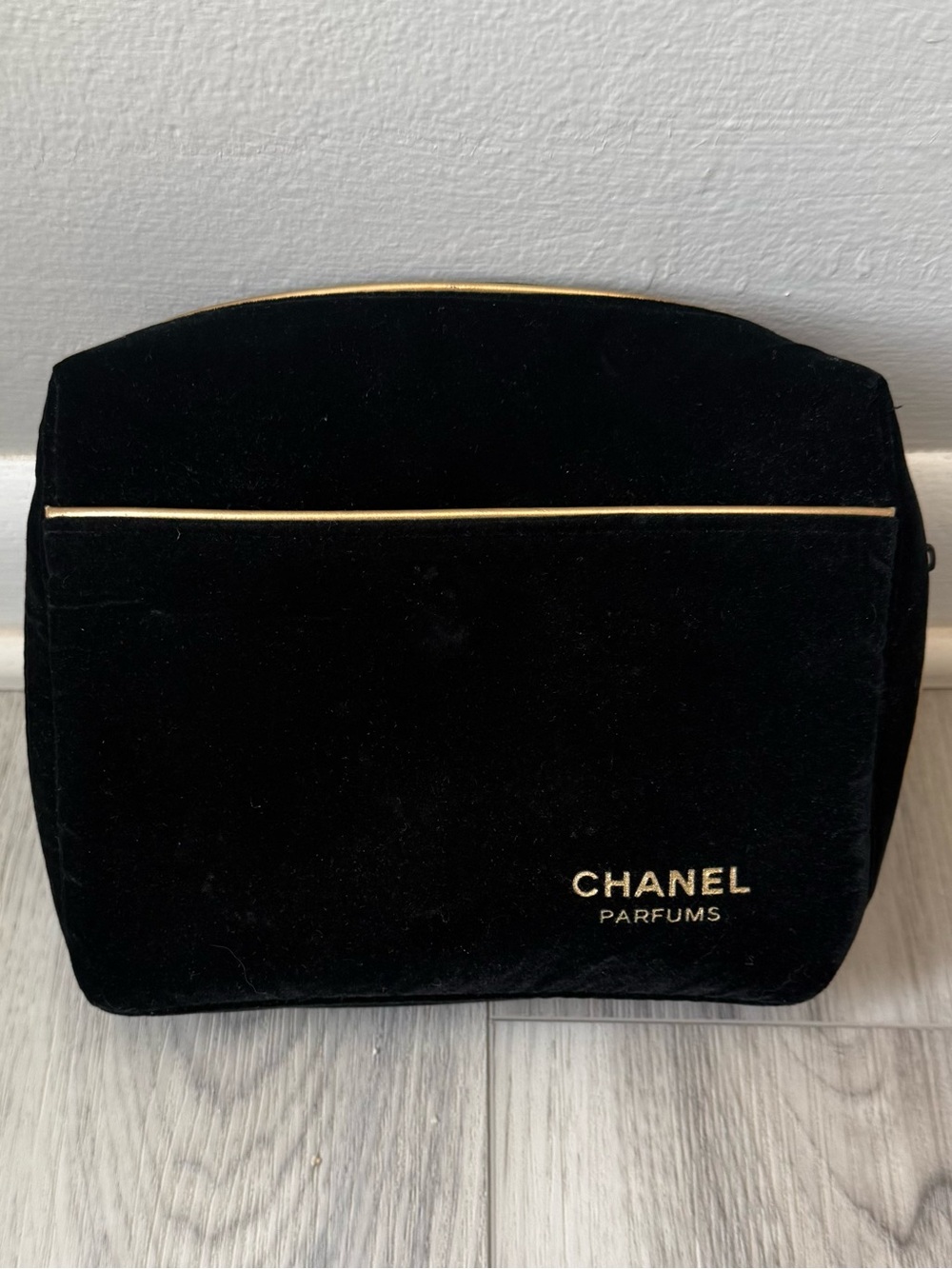 CHANEL Black Velvet Cosmetic Pouch with Gold Trim